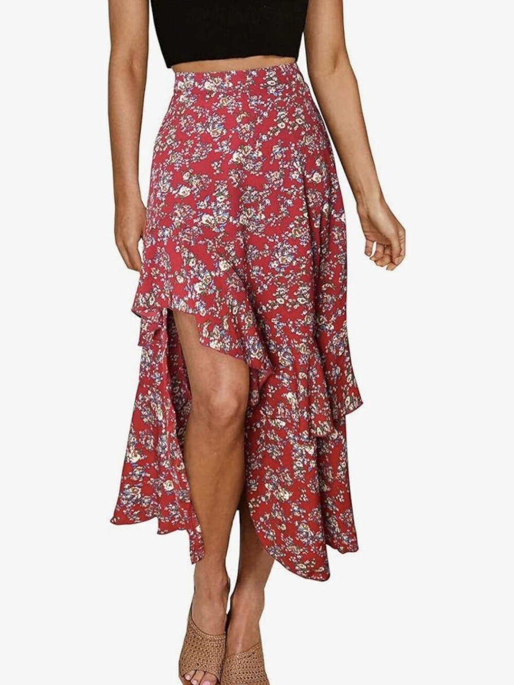 Floral Split Ruffle Midi Maxi Skirt